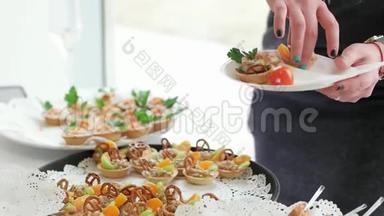 小吃摆盘，女士装盘，配酒石和罐头，从餐桌上选择开胃菜